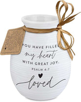 White ceramic vase with hand-tied Bible verse sign and decorative bow, featuring Psalm 4:7 from Lighthouse Christian Products